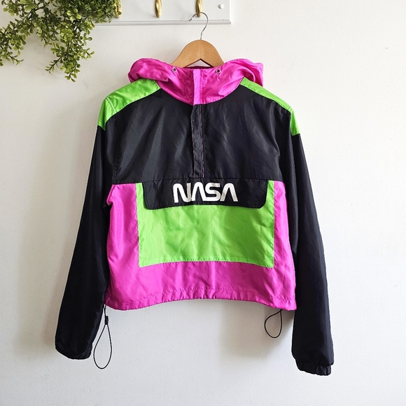 NASA Pink Green Neon Colorblock Windbreaker Pullover by Chemistry – Size L - Picture 8 of 16